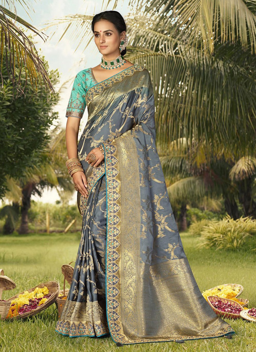 Traditional Saree Silk Grey Patch Border Saree