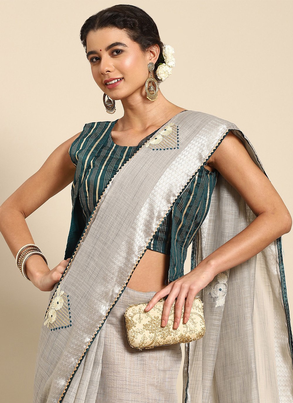 Classic Poly Cotton Grey Embroidered Saree