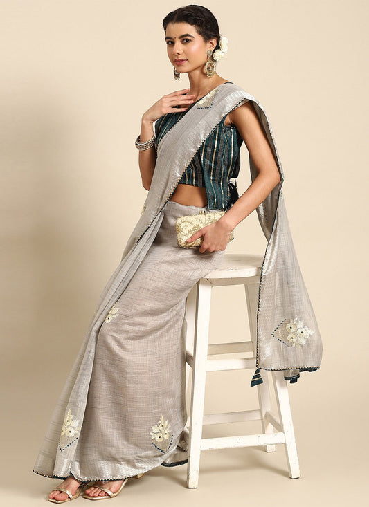 Classic Poly Cotton Grey Embroidered Saree