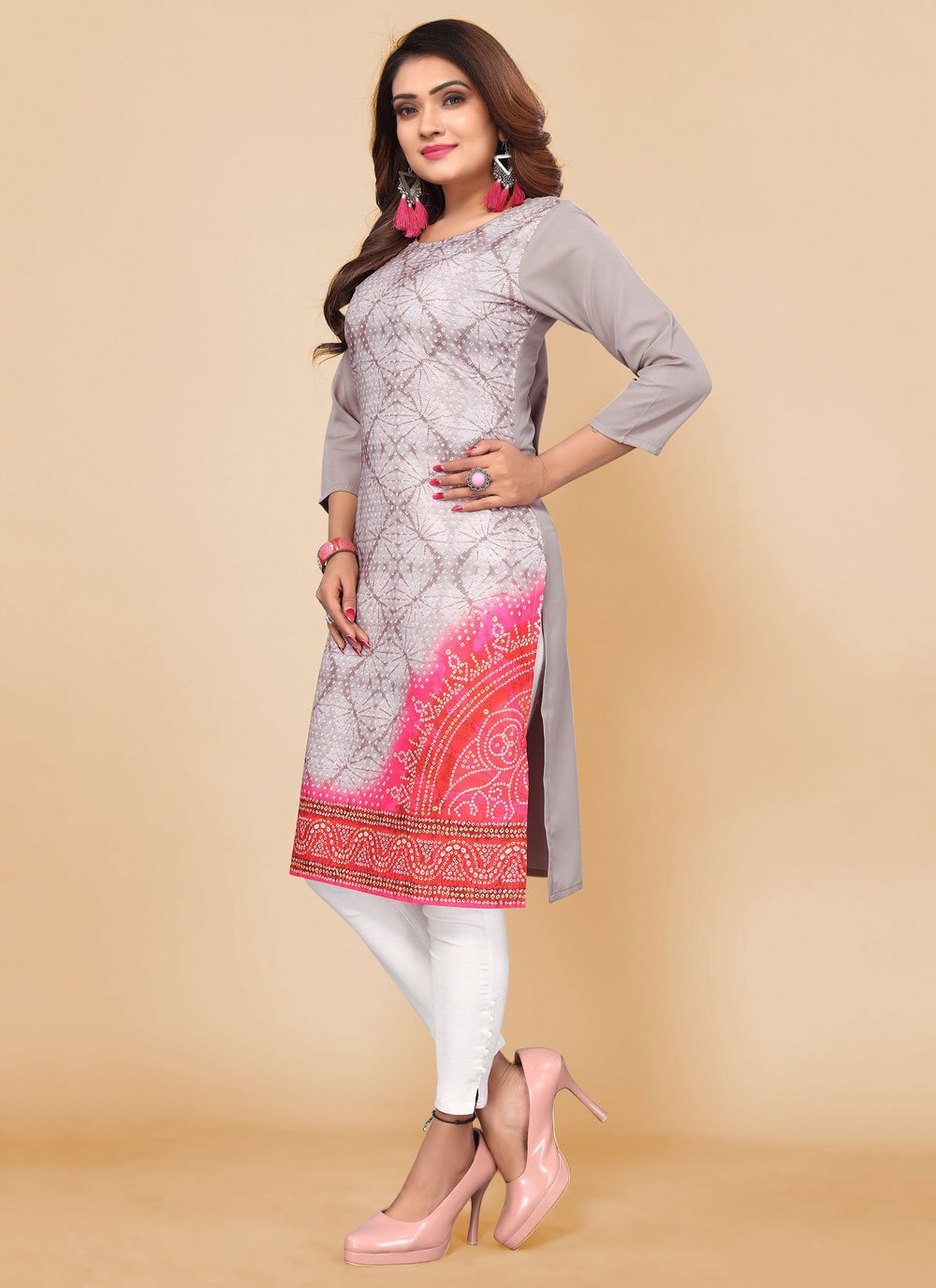 Designer Kurti Faux Crepe Grey Print Kurtis