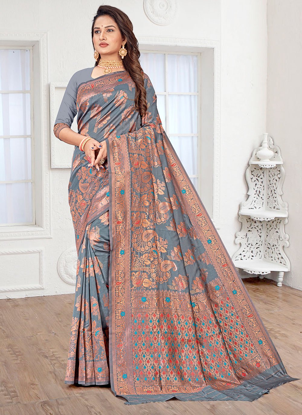 Trendy Saree Silk Grey Meenakari Saree