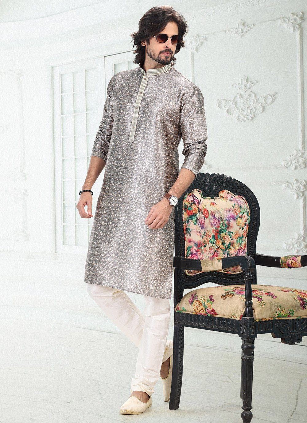 Kurta Pyjama Banarasi Silk Grey Digital Print Mens