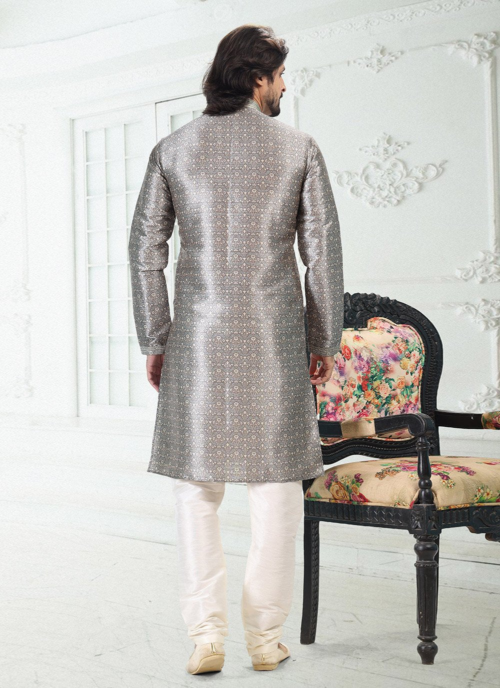 Kurta Pyjama Banarasi Silk Grey Digital Print Mens