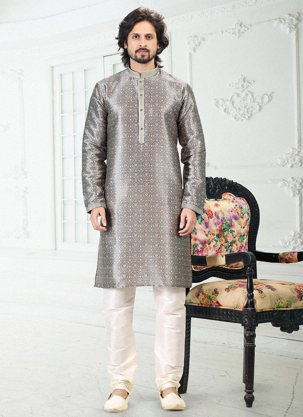 Kurta Pyjama Banarasi Silk Grey Digital Print Mens