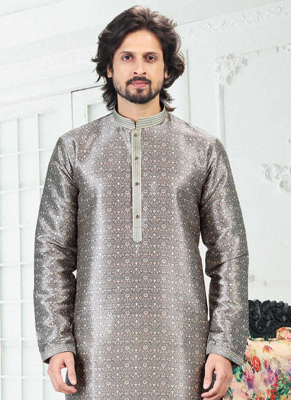 Kurta Pyjama Banarasi Silk Grey Digital Print Mens