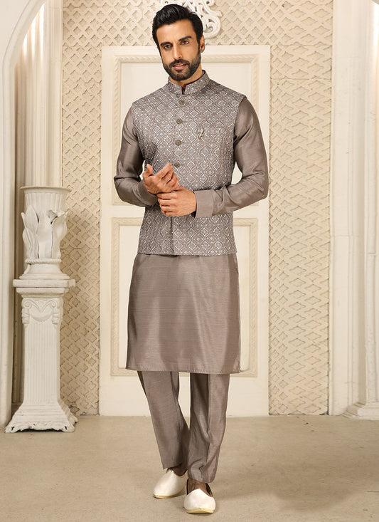 Kurta Payjama With Jacket Art Banarasi Silk Grey Embroidered Mens