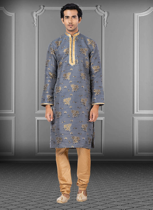 Kurta Pyjama Jacquard Grey Fancy Work Mens