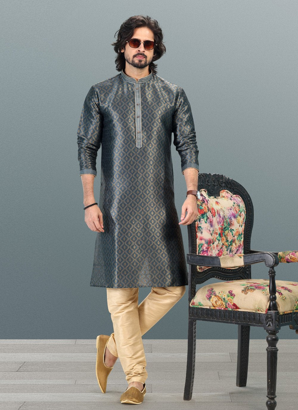 Kurta Pyjama Banarasi Silk Jacquard Grey Fancy Work Mens