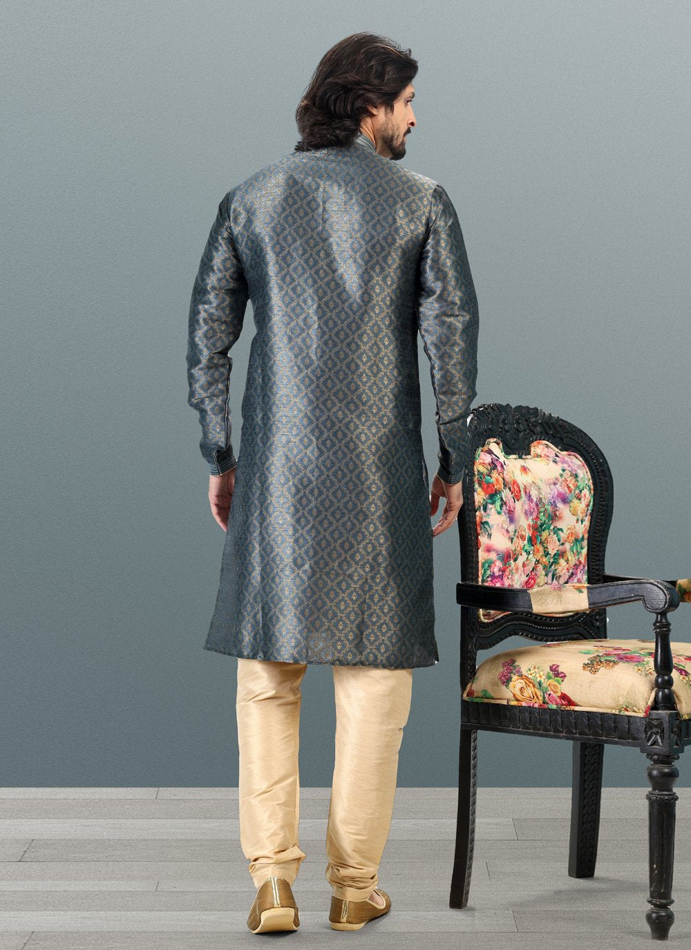 Kurta Pyjama Banarasi Silk Jacquard Grey Fancy Work Mens