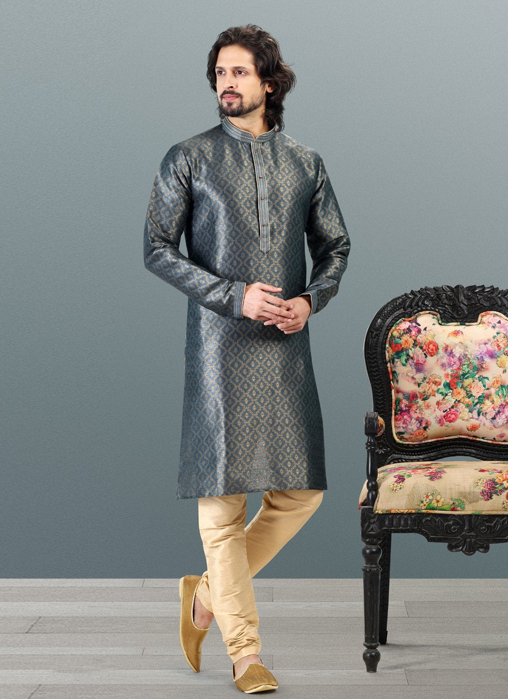 Kurta Pyjama Banarasi Silk Jacquard Grey Fancy Work Mens