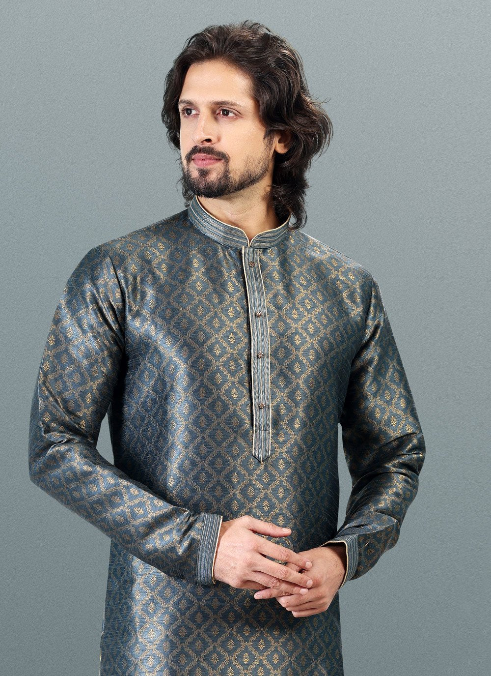 Kurta Pyjama Banarasi Silk Jacquard Grey Fancy Work Mens