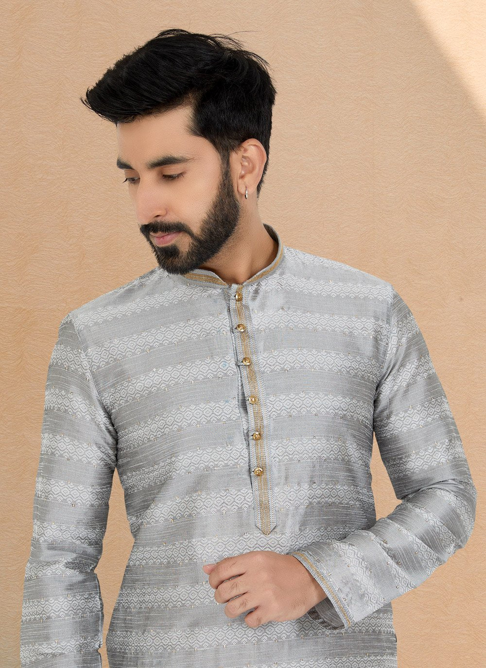 Kurta Pyjama Brocade Jacquard Grey Jacquard Work Mens