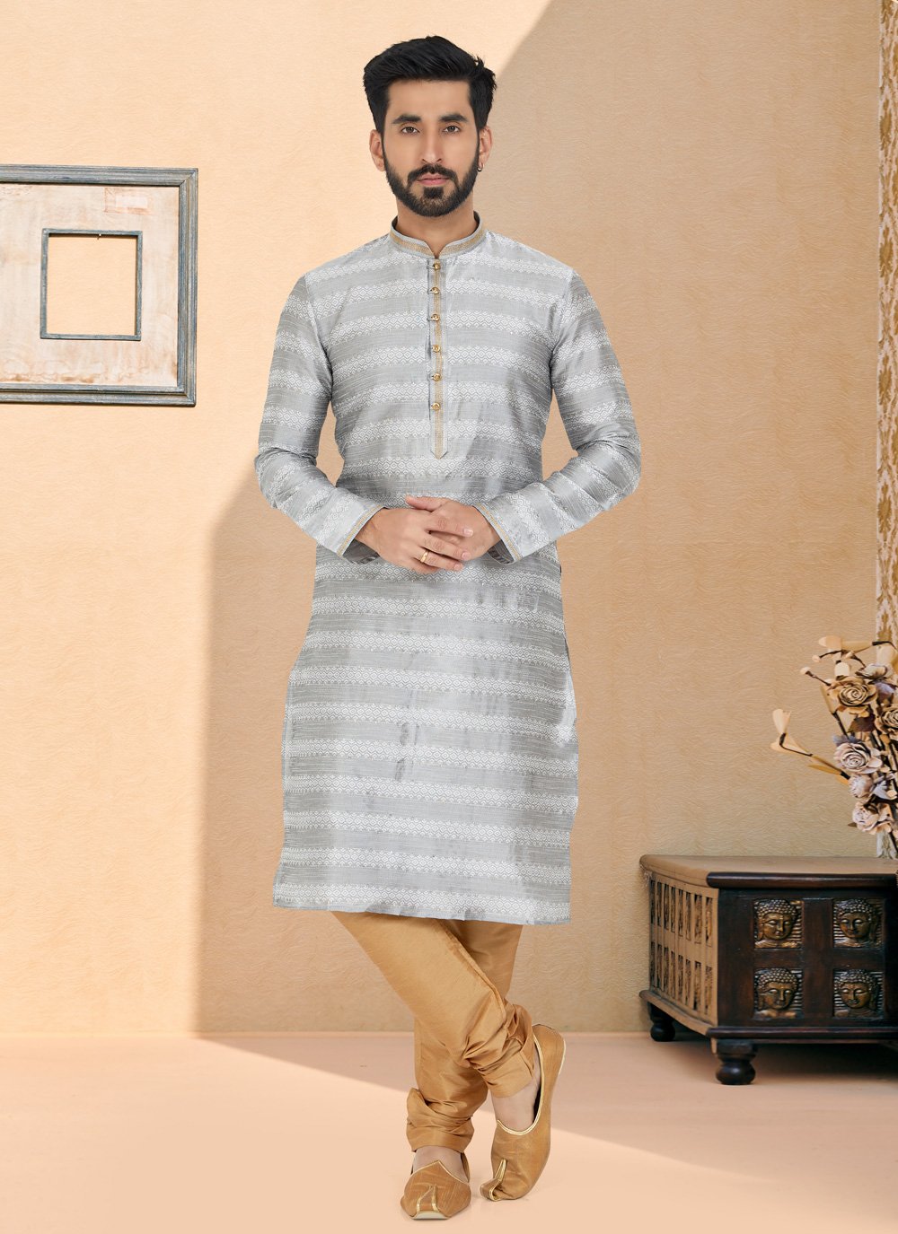 Kurta Pyjama Brocade Jacquard Grey Jacquard Work Mens