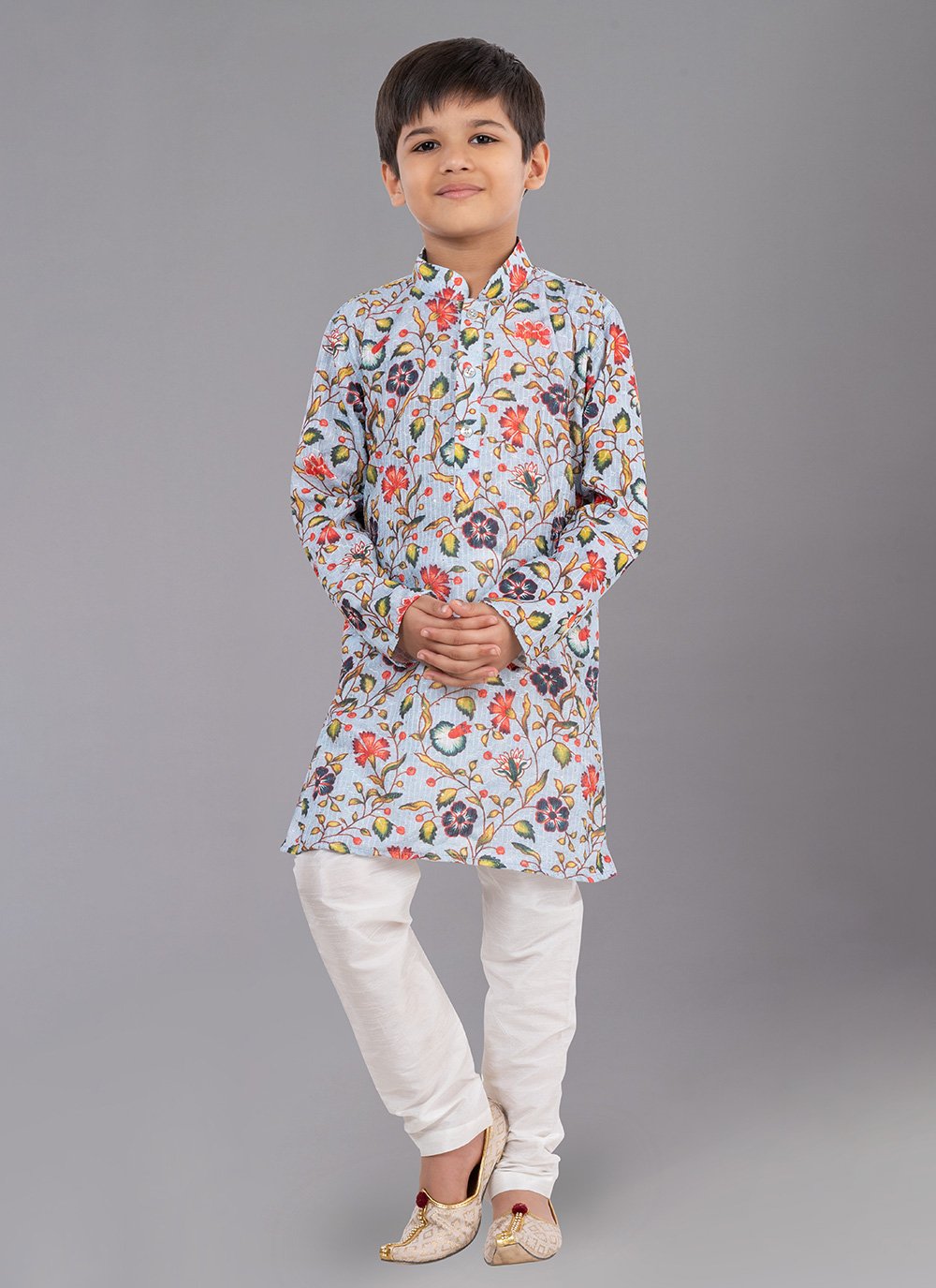 Kurta Pyjama Polyester Grey Digital Print Kids