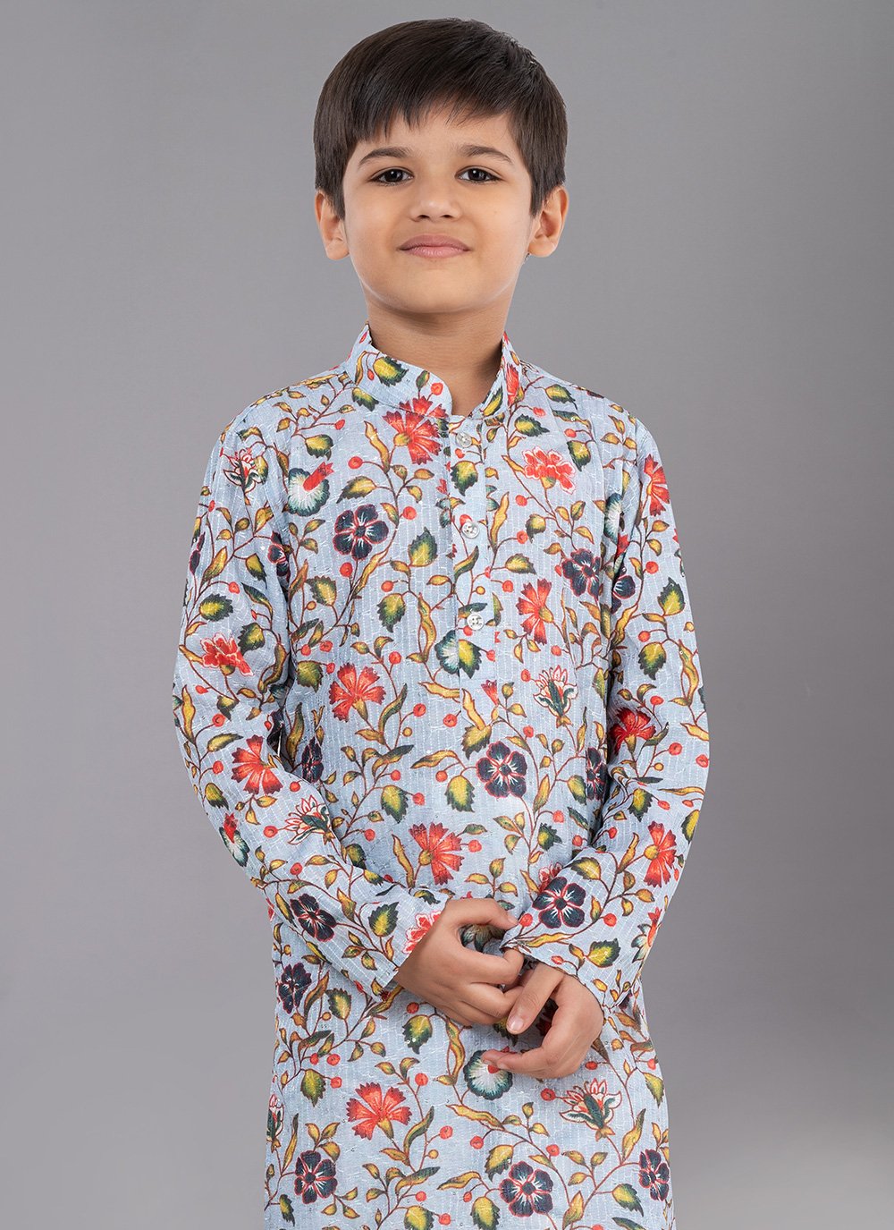 Kurta Pyjama Polyester Grey Digital Print Kids