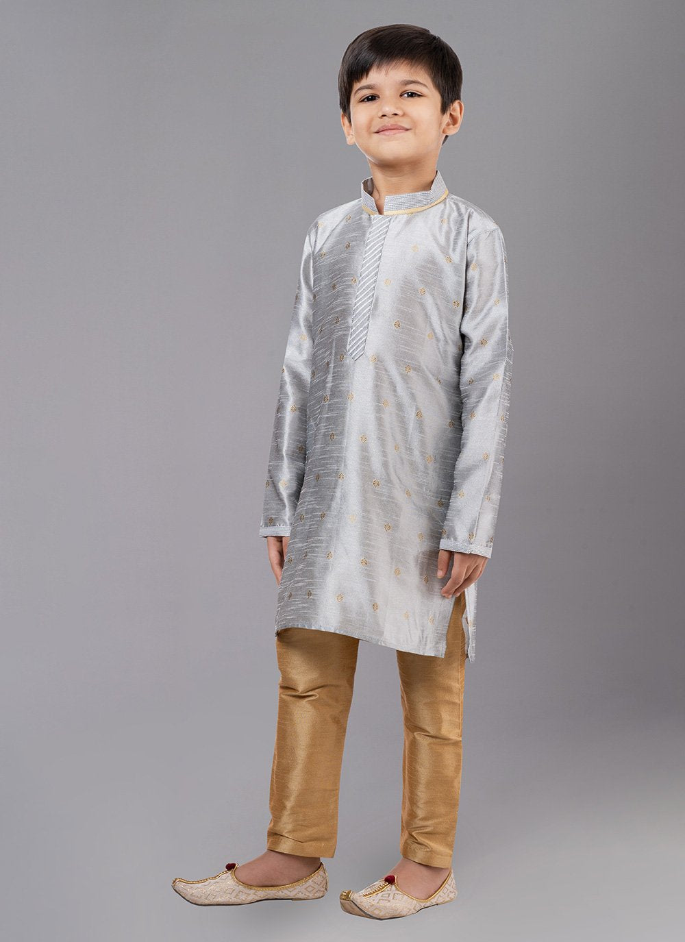 Kurta Pyjama Dupion Silk Jacquard Grey Fancy Work Kids