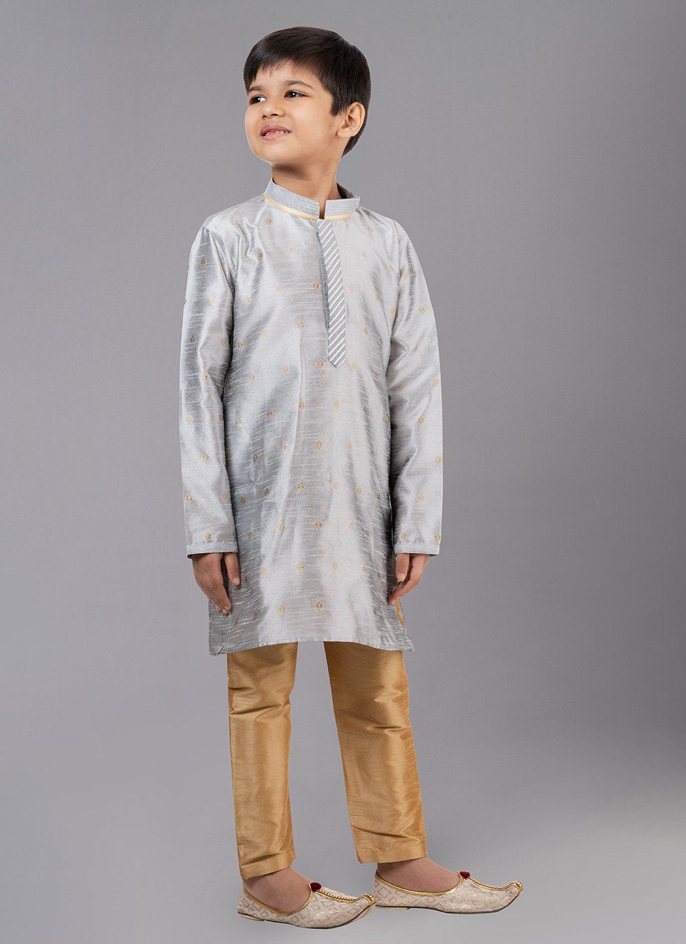 Kurta Pyjama Dupion Silk Jacquard Grey Fancy Work Kids