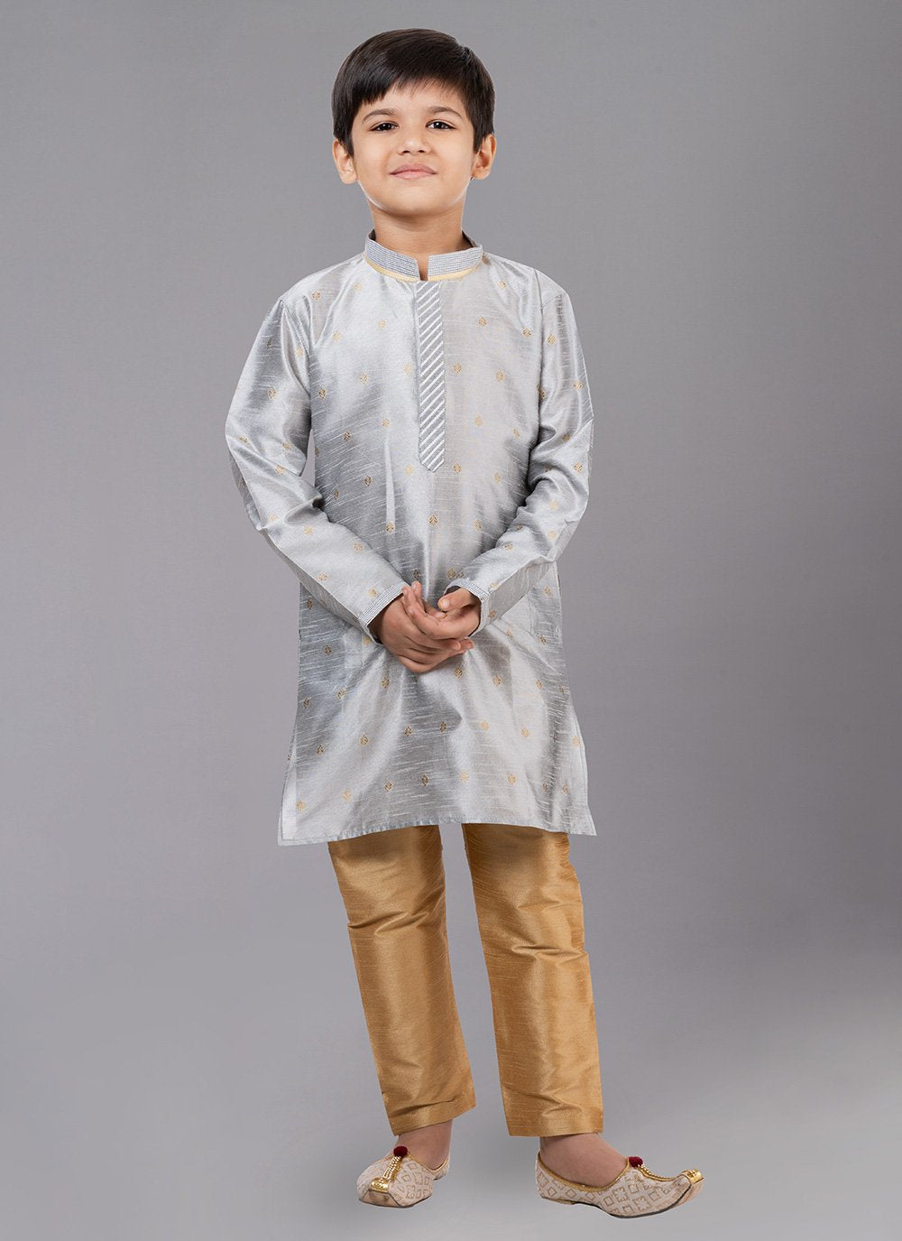 Kurta Pyjama Dupion Silk Jacquard Grey Fancy Work Kids