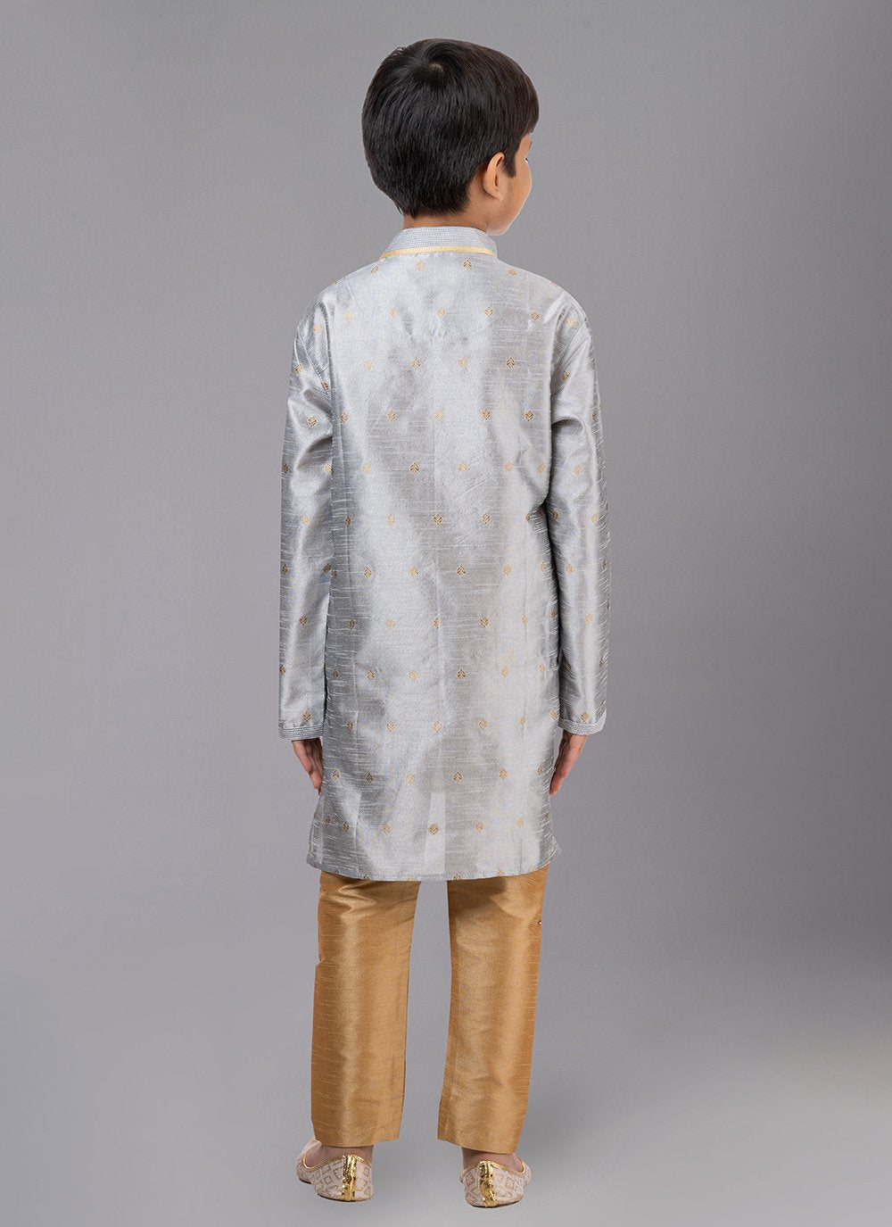 Kurta Pyjama Dupion Silk Jacquard Grey Fancy Work Kids