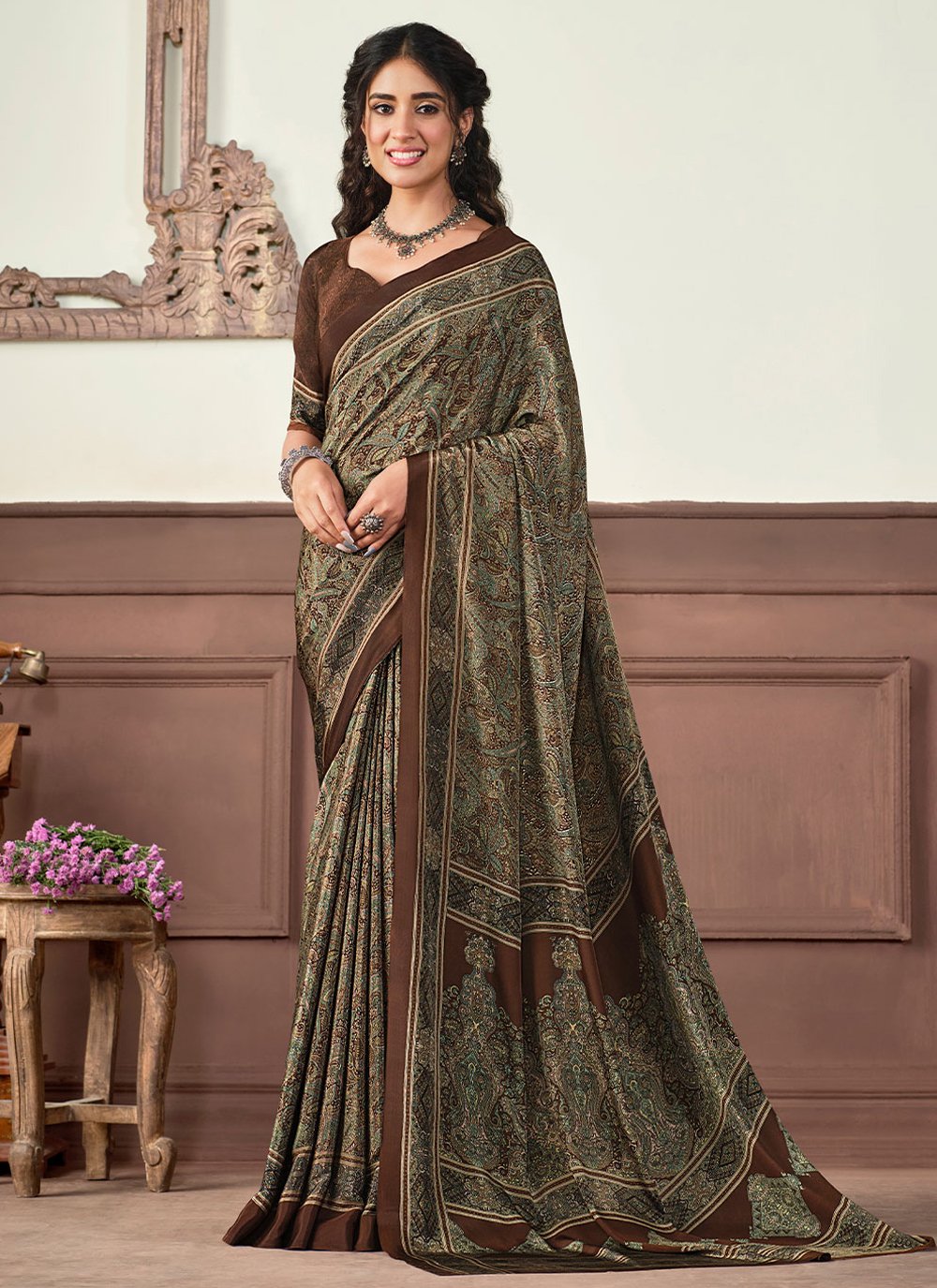 Classic Crepe Silk Grey Print Saree