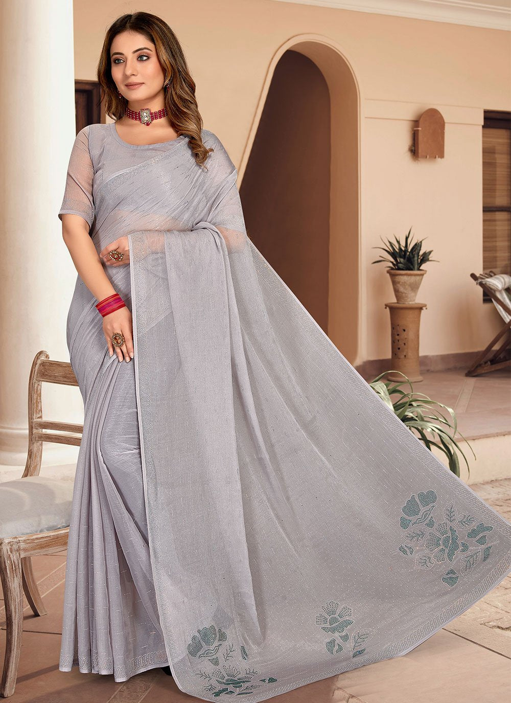 Contemporary Chiffon Grey Stone Saree