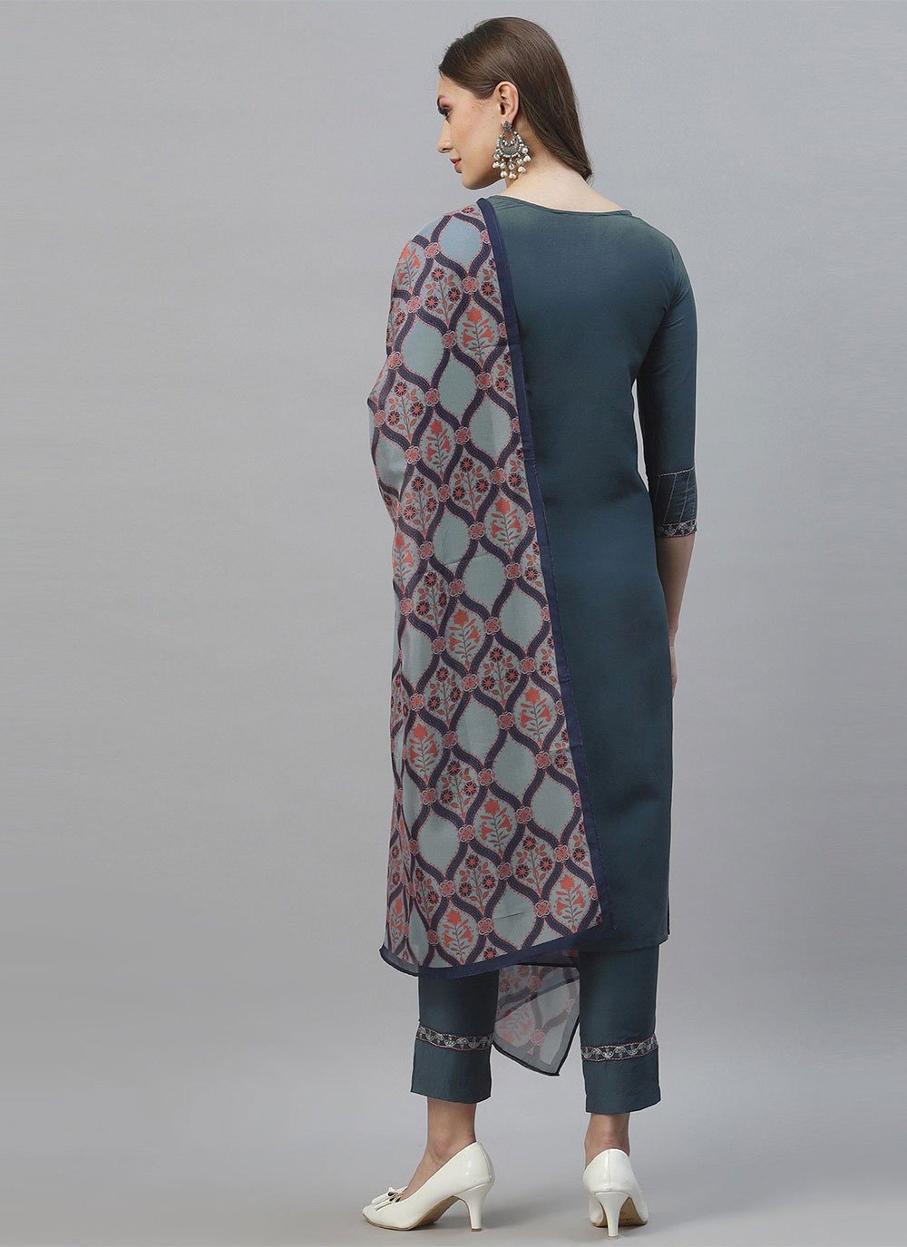 Pant Style Suit Chinon Grey Embroidered Salwar Kameez