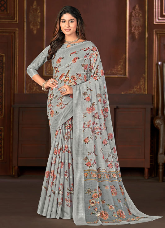 Designer Linen Grey Floral Patch Saree