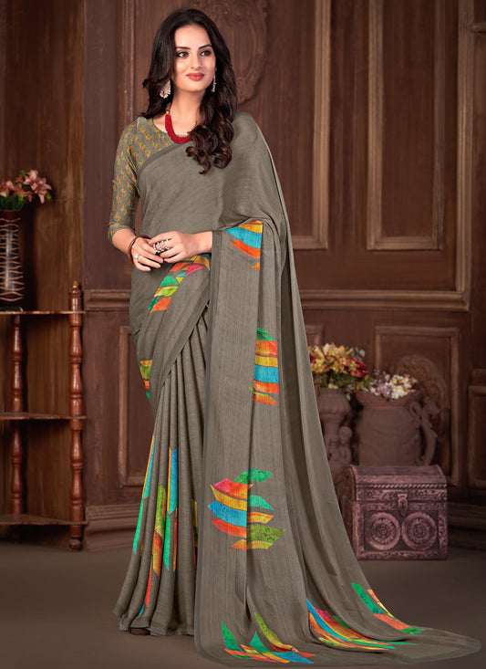 Classic Georgette Grey Print Saree