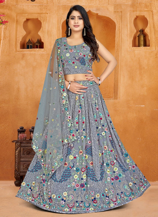 A Line Lehenga Georgette Grey Embroidered Lehenga Choli