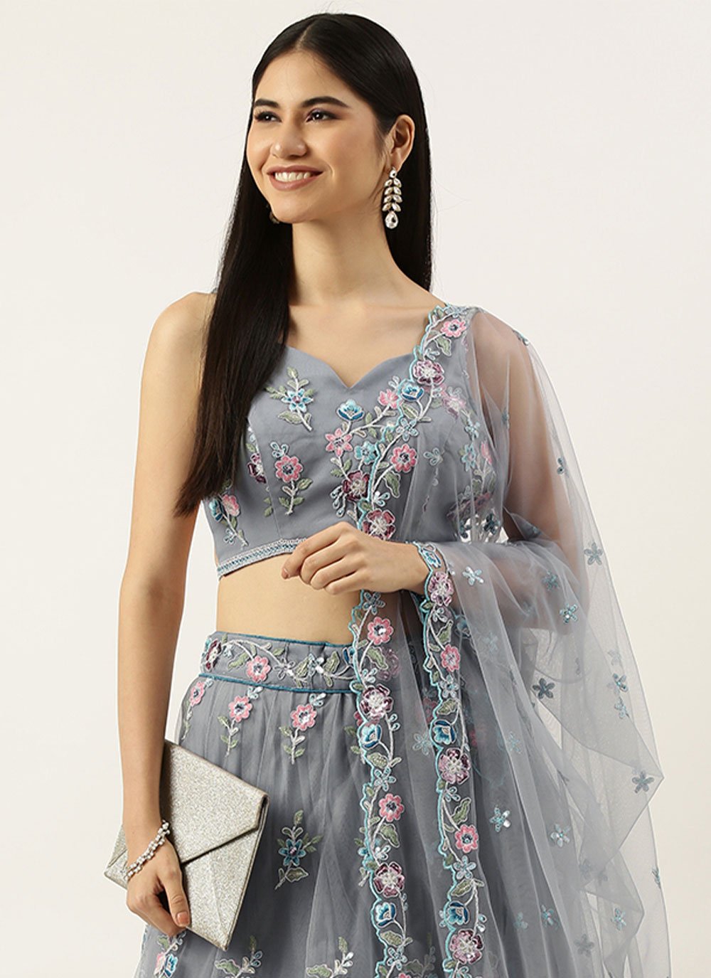 A Line Lehenga Net Grey Embroidered Lehenga Choli
