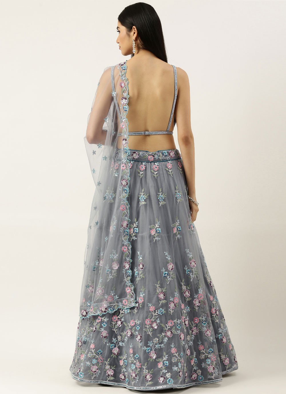 A Line Lehenga Net Grey Embroidered Lehenga Choli