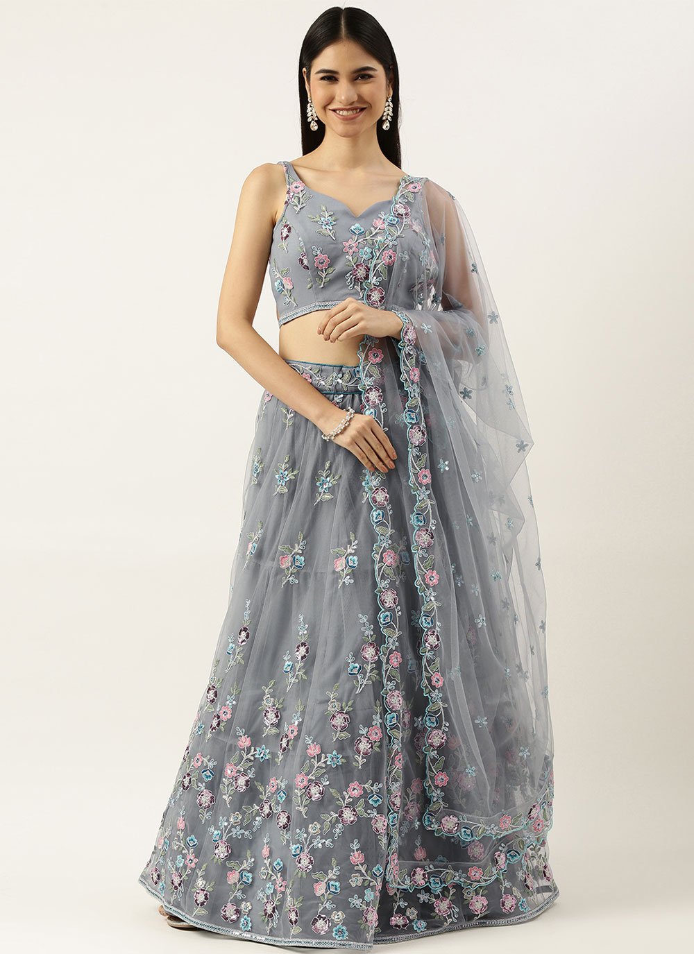 A Line Lehenga Net Grey Embroidered Lehenga Choli