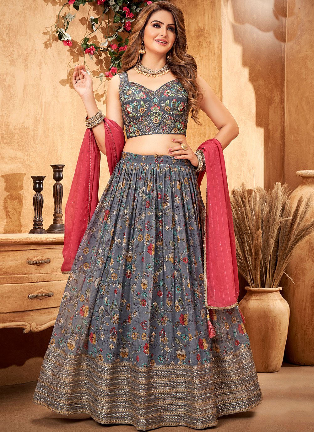 A Line Lehenga Georgette Grey Embroidered Lehenga Choli