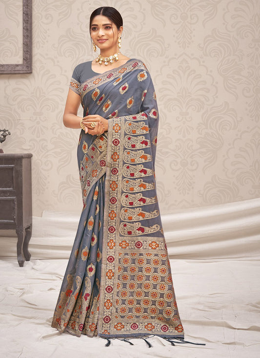 Designer Cotton Silk Grey Embroidered Saree