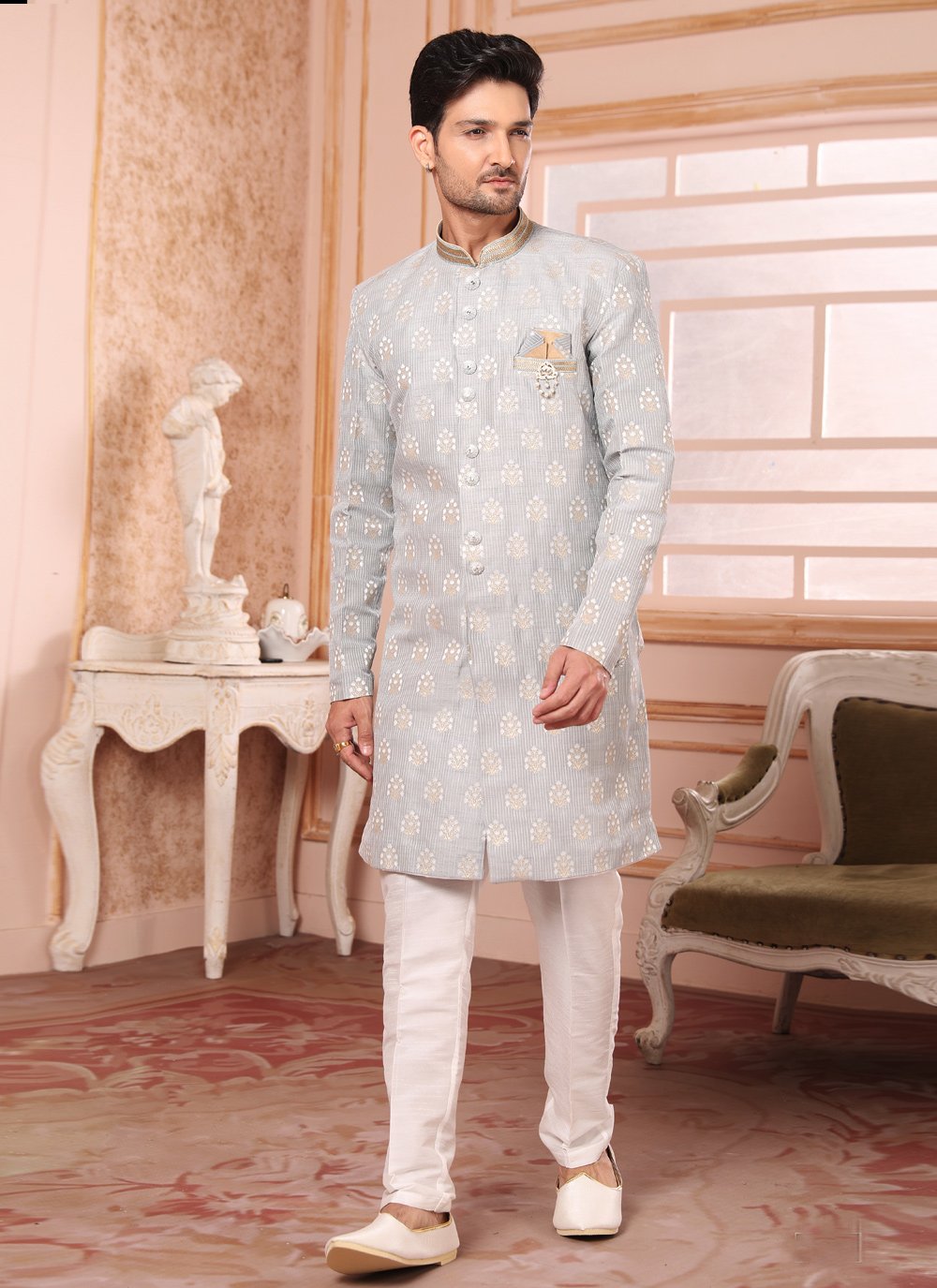 Indo Western Art Silk Grey Embroidered Mens