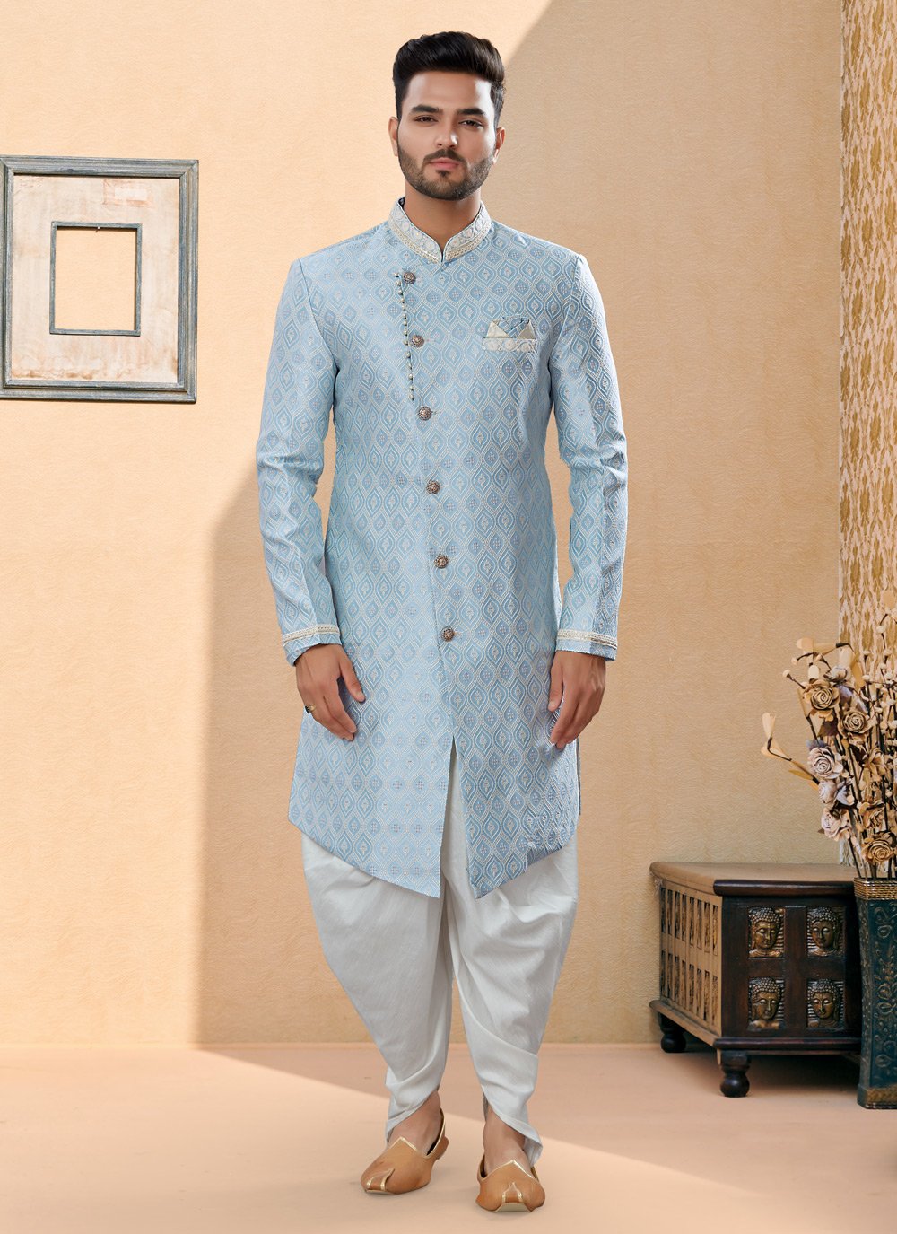 Indo Western Sherwani Banarasi Jacquard Grey Thread Mens