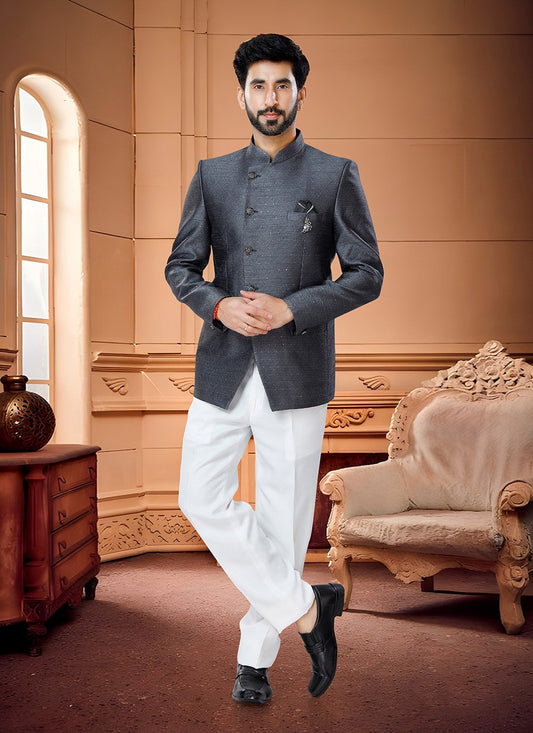 Jodhpuri Suit Jacquard Grey Buttons Mens