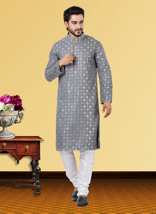 Kurta Pyjama Georgette Grey Embroidered Mens