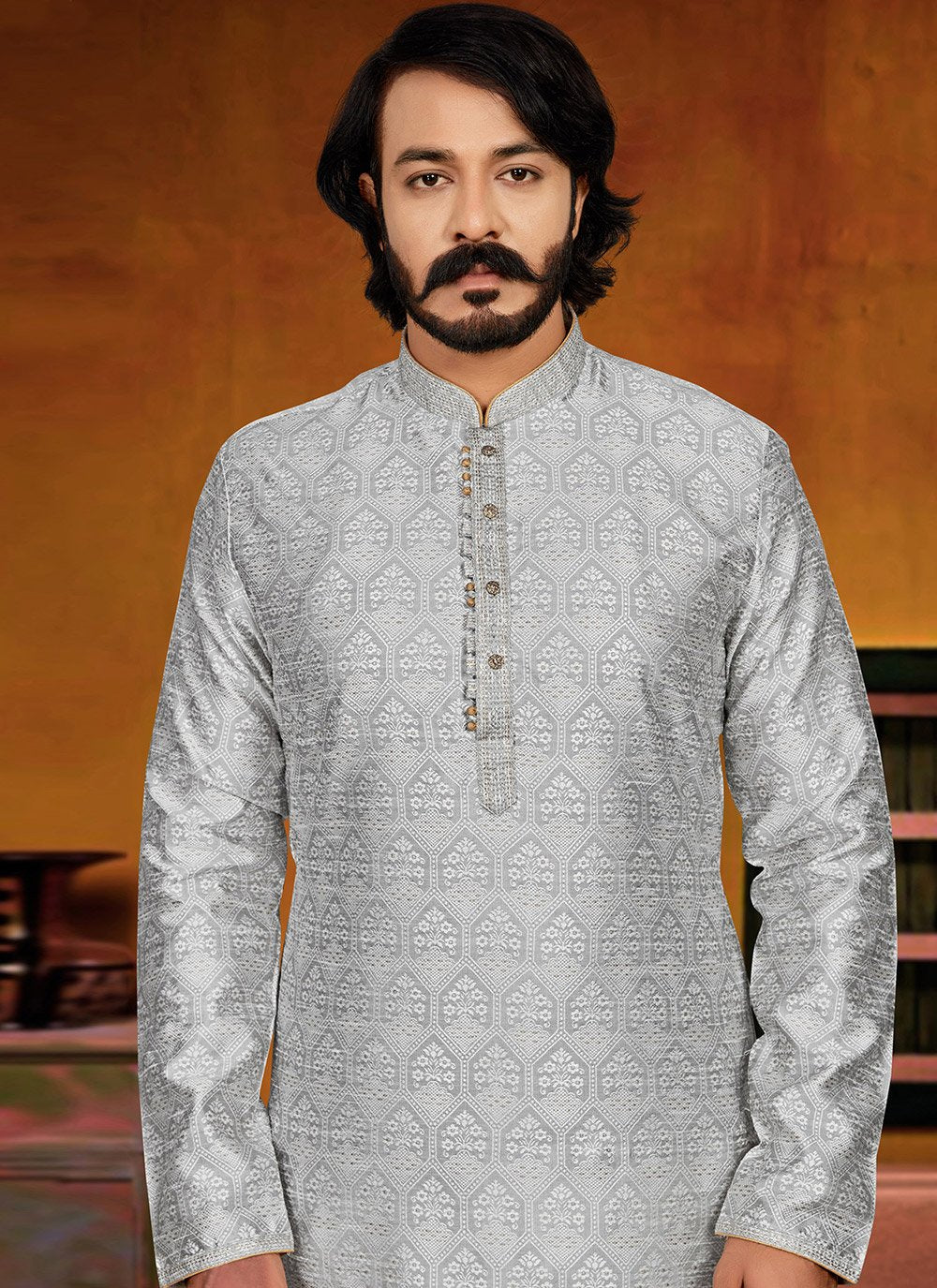 Kurta Pyjama Jacquard Grey Fancy Work Mens