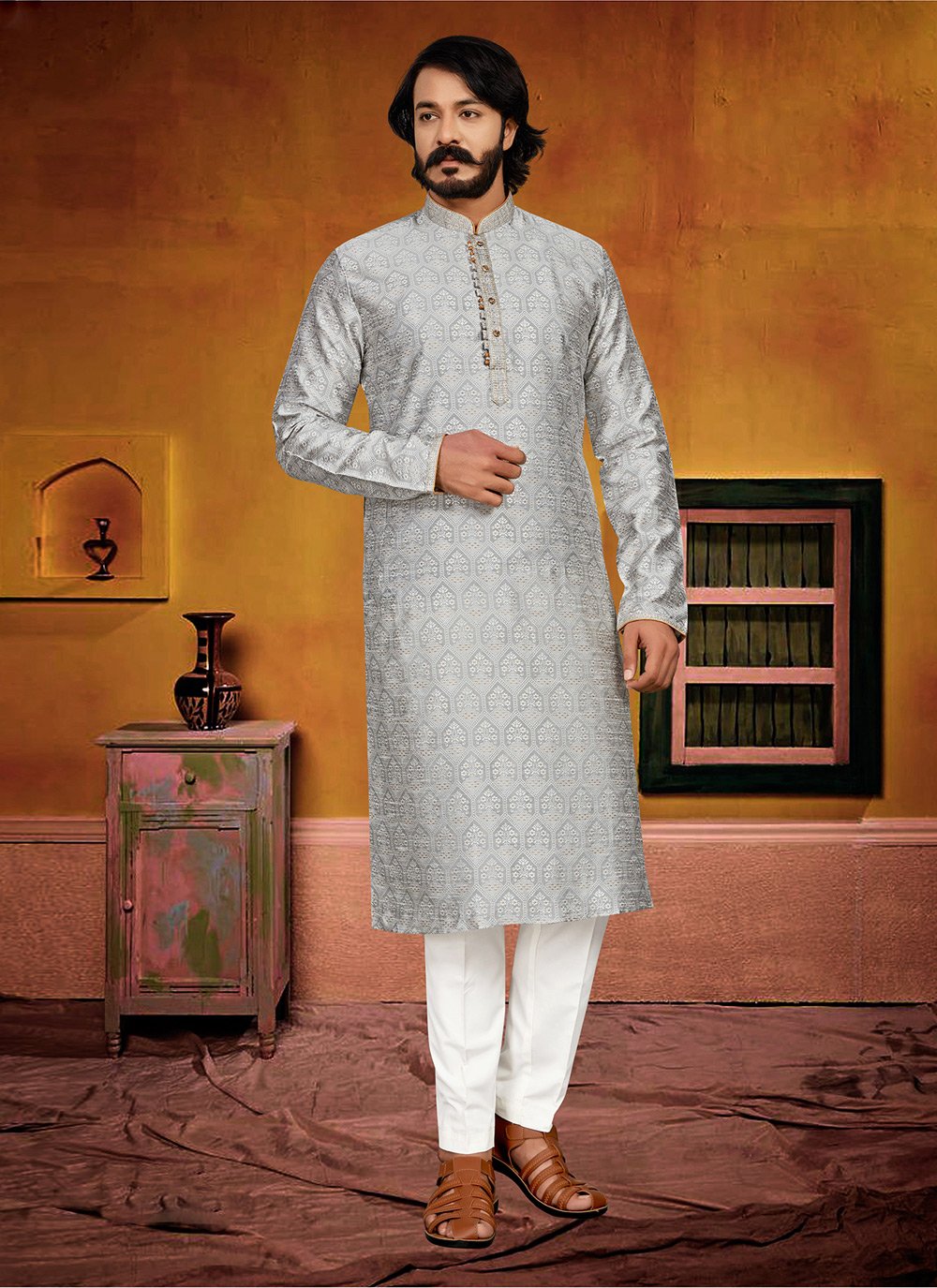 Kurta Pyjama Jacquard Grey Fancy Work Mens