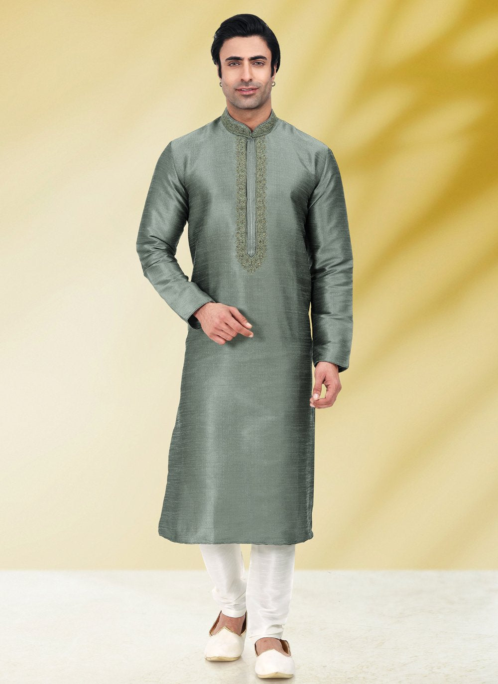 Kurta Pyjama Art Banarasi Silk Grey Embroidered Mens