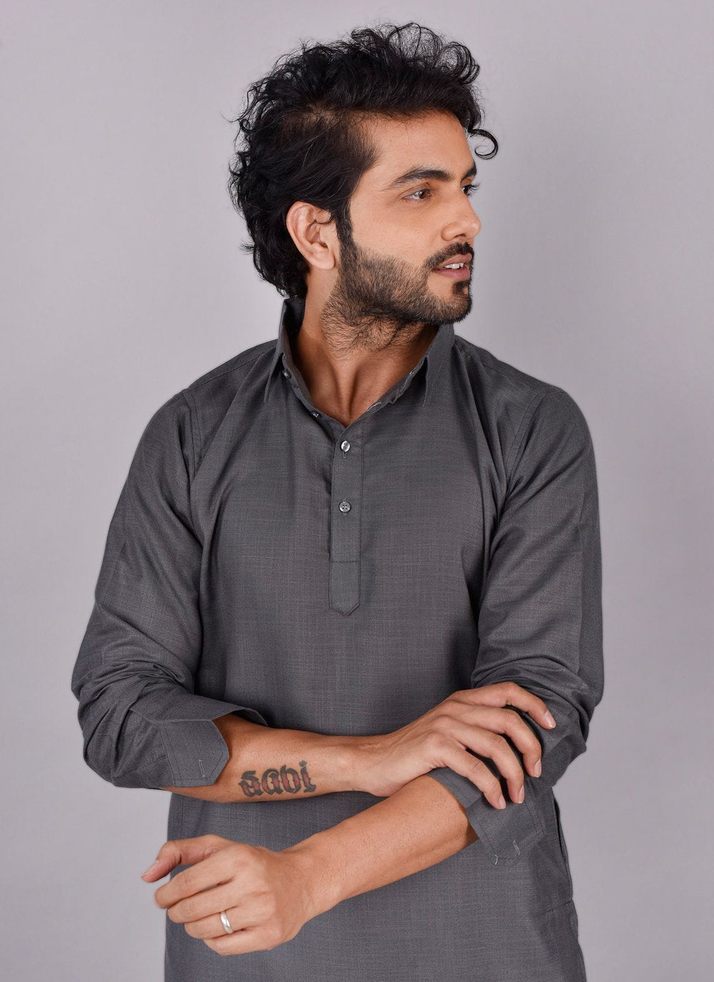 Kurta Pyjama Cotton Grey Plain Mens