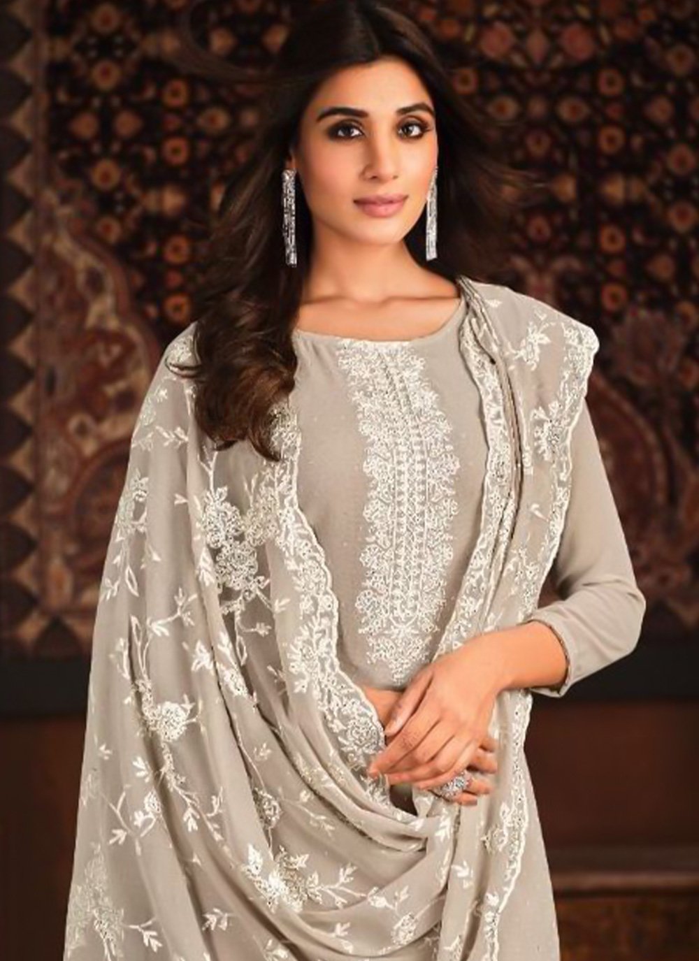 Designer Pakistani Salwar Suit Georgette Grey Embroidered Salwar Kameez