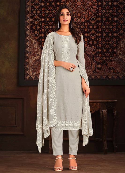 Designer Pakistani Salwar Suit Georgette Grey Embroidered Salwar Kameez