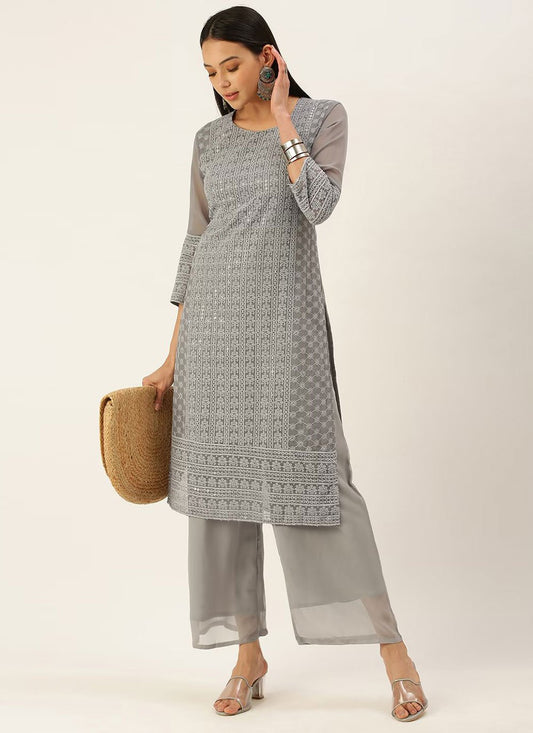 Party Wear Kurti Georgette Grey Embroidered Kurtis