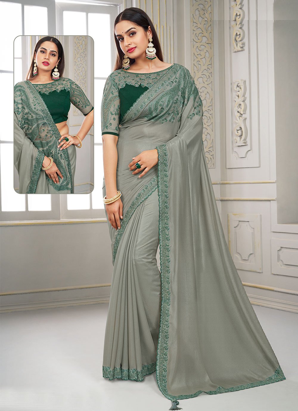 Classic Polyester Grey Embroidered Saree