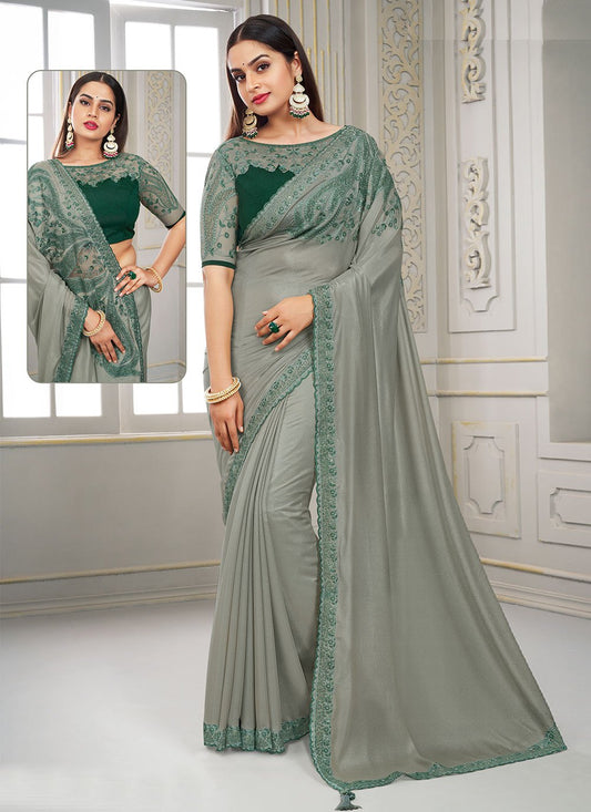 Classic Polyester Grey Embroidered Saree