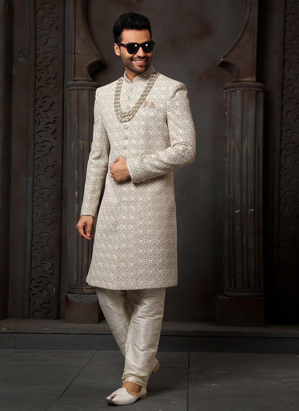 Sherwani Art Silk Grey Machine Embroidery Mens