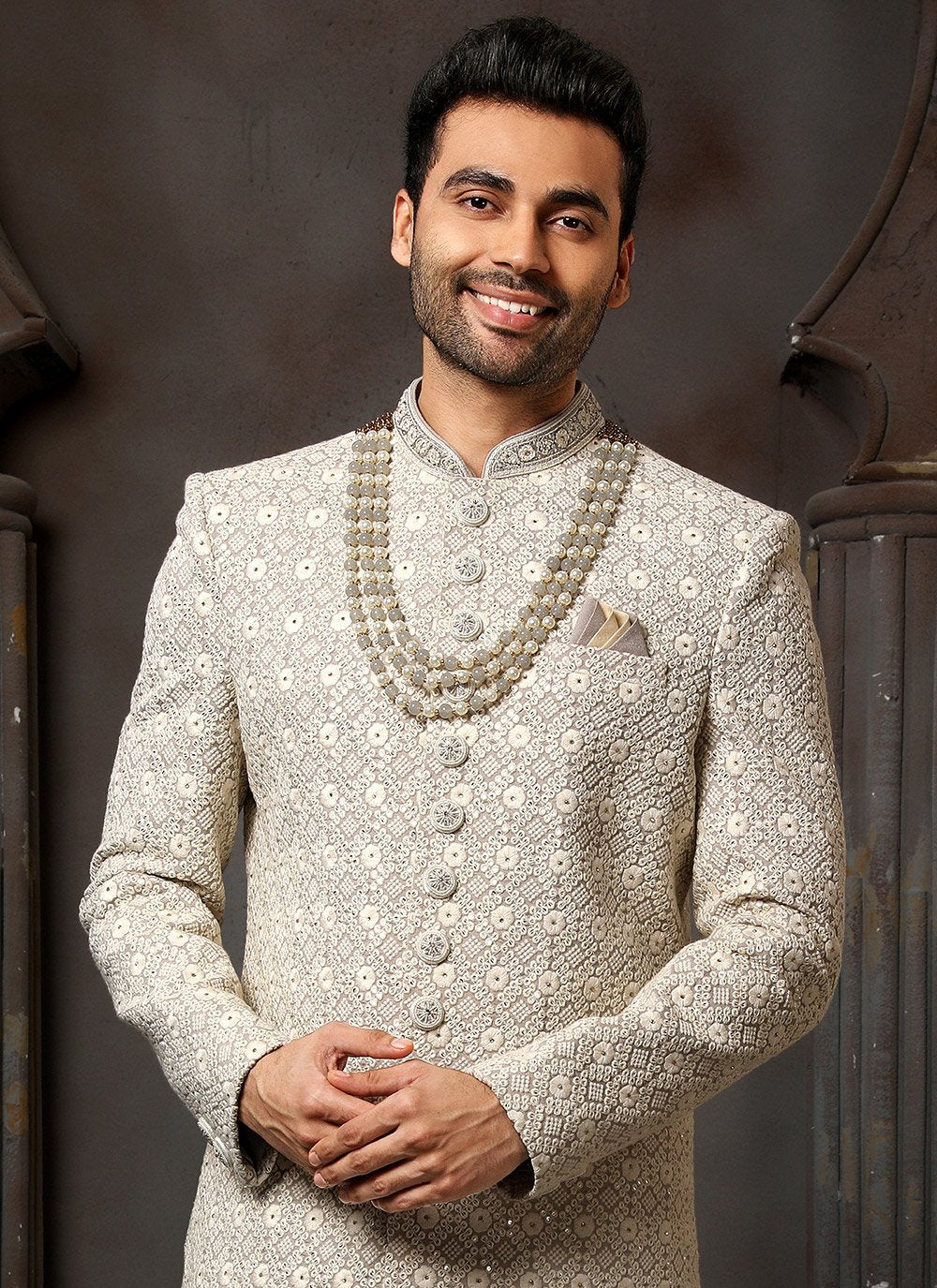 Sherwani Art Silk Grey Machine Embroidery Mens