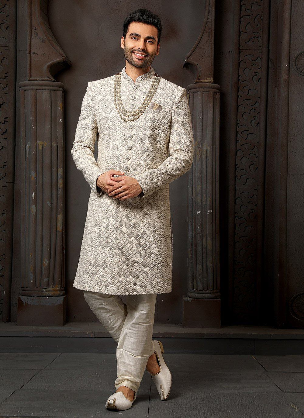 Sherwani Art Silk Grey Machine Embroidery Mens